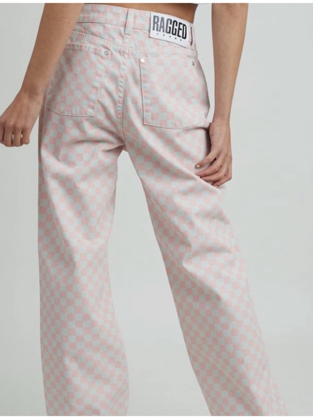 The Ragged Priest Pink & White Checkerboard Wide Leg Jeans high waist cotton